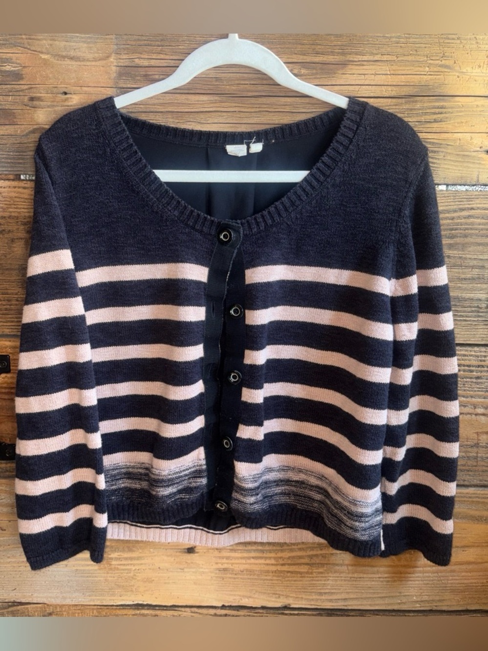 Moth by Anthro Striped Black and Blush Button-Front Women's Sweater Cardigan